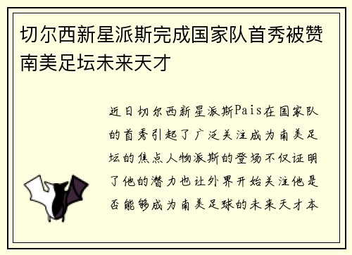 切尔西新星派斯完成国家队首秀被赞南美足坛未来天才